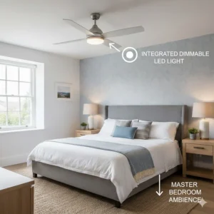A stylish ceiling fan featuring an integrated dimmable LED light fitting for a master bedroom.
