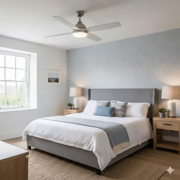 A modern, quiet ceiling fan installed in a contemporary UK bedroom with neutral decor and natural light. best ceiling fan for bedroom UK