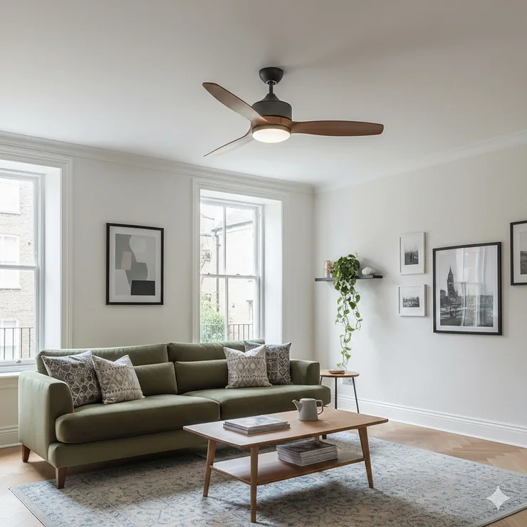 A stylish modern low profile ceiling fan installed in a contemporary UK living room with a low ceiling. best low profile ceiling fans UK