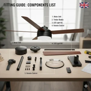 Overhead view of the components for a black ceiling fan with lights, including the mounting bracket and light kit.