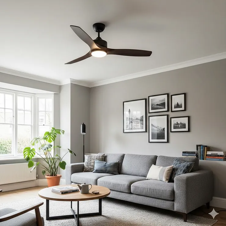 A contemporary black ceiling fan with integrated LED lights installed in a modern British living room with neutral decor. black ceiling fan with lights