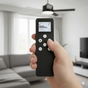 Close-up of a hand holding a remote control for a black ceiling fan with lights, showing speed and dimming functions.
