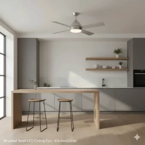 Brushed steel LED lights ceiling fan mounted above a kitchen breakfast bar.
