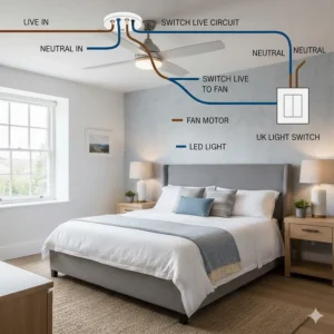 A simplified wiring diagram for installing a ceiling fan into a standard UK lighting circuit.