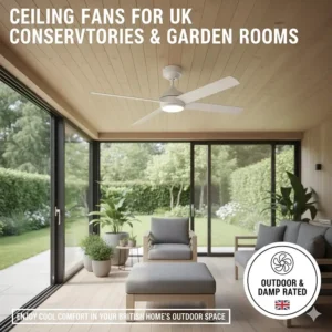 A damp-rated ceiling fan with charcoal blades installed on the timber ceiling of a bright UK conservatory or garden room.