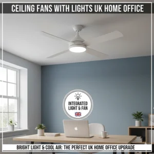 A sleek integrated LED ceiling fan with light providing central illumination and cooling for a contemporary UK home office.