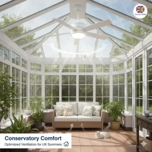 A white 5-blade ceiling fan with lights installed in a bright glass-roofed UK conservatory to improve air circulation during summer.