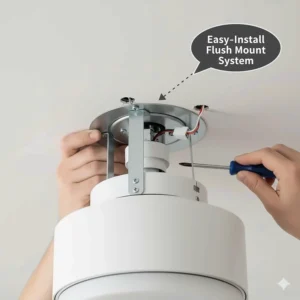 Close-up of the flush mount bracket system for easy installation on low UK ceilings.