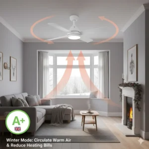 Illustration showing how ceiling fans with lights save energy in UK homes by circulating warm air from the ceiling during winter months.