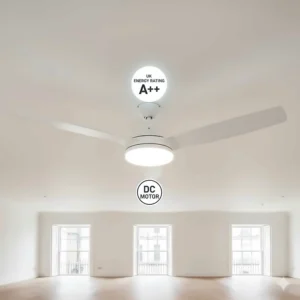 An energy-efficient DC motor low profile fan showing the UK energy rating label.