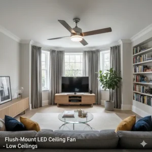 Low-profile LED ceiling fan designed for British homes with lower ceiling heights.