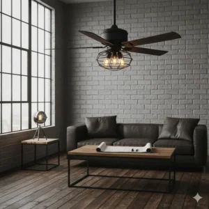 An industrial-inspired black ceiling fan with Edison-style light bulbs against a grey brick feature wall.