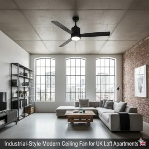 An industrial-style matte black ceiling fan with three blades, suitable for modern UK loft-style apartments.