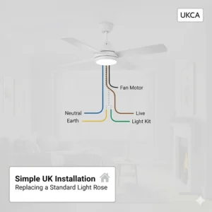 Diagram showing the standard UK electrical wiring for replacing a traditional light rose with a ceiling fan and light kit.