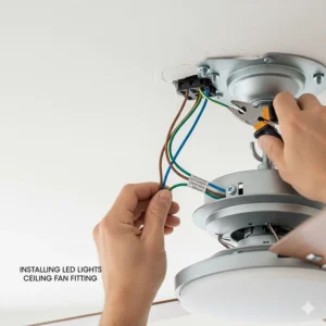 Close-up of the electrical fitting for a ceiling fan with integrated LED lighting.