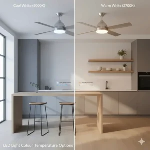 Comparison of cool white and warm white LED light options for ceiling fan units.