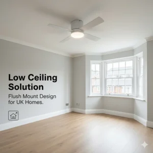 A white flush-mount ceiling fan with light designed for UK homes with low ceilings, providing a compact and sleek cooling solution.