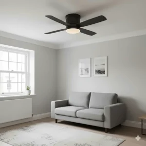A low-profile black ceiling fan with lights designed for lower ceilings typical of UK cottages or modern flats.