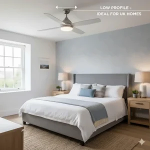 A low profile flush mount ceiling fan suitable for UK homes with lower ceiling heights.