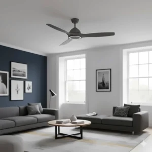 Sleek charcoal grey low profile ceiling fan suitable for modern UK interior design.
