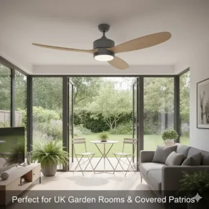 A weather-resistant modern ceiling fan installed in a contemporary UK garden room or covered patio.