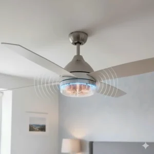 An illustration of a silent DC motor ceiling fan designed for undisturbed sleep in a British bedroom.