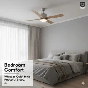 A quiet-running timber blade ceiling fan with a soft glow light fitting installed above a bed in a British master bedroom.