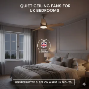 A whisper-quiet timber blade ceiling fan mounted above a bed in a modern British bedroom to ensure a peaceful night's sleep.
