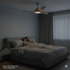 Silent-running ceiling fan with warm LED lights in a British master bedroom.
