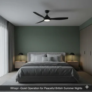 A minimalist black ceiling fan installed in a master bedroom, designed for silent operation during British summer nights.