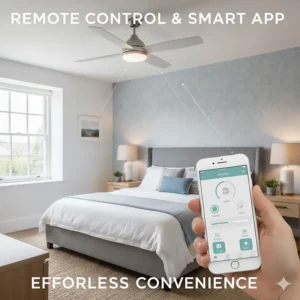 A handheld remote control and smartphone app being used to operate a smart bedroom ceiling fan.