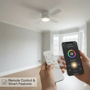 User operating a remote control for a smart ceiling fan with dimmable LED lights, showing speed settings and light intensity icons.