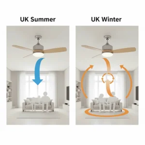 Illustration of a reversible motor ceiling fan showing airflow direction for UK summer and winter.