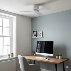 A small diameter low profile fan perfect for a home office or box room.