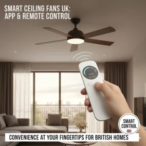 A person using a remote control to adjust the speed and lighting of a smart ceiling fan in a modern British residence.