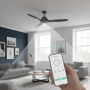 A low profile ceiling fan being controlled by a remote and a smartphone app.