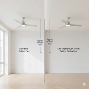 Diagram comparing the drop height of a standard fan versus a low profile flush mount fan.