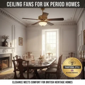 An elegant traditional ceiling fan with dark wood blades in a period UK property with high ceilings and decorative cornicing.