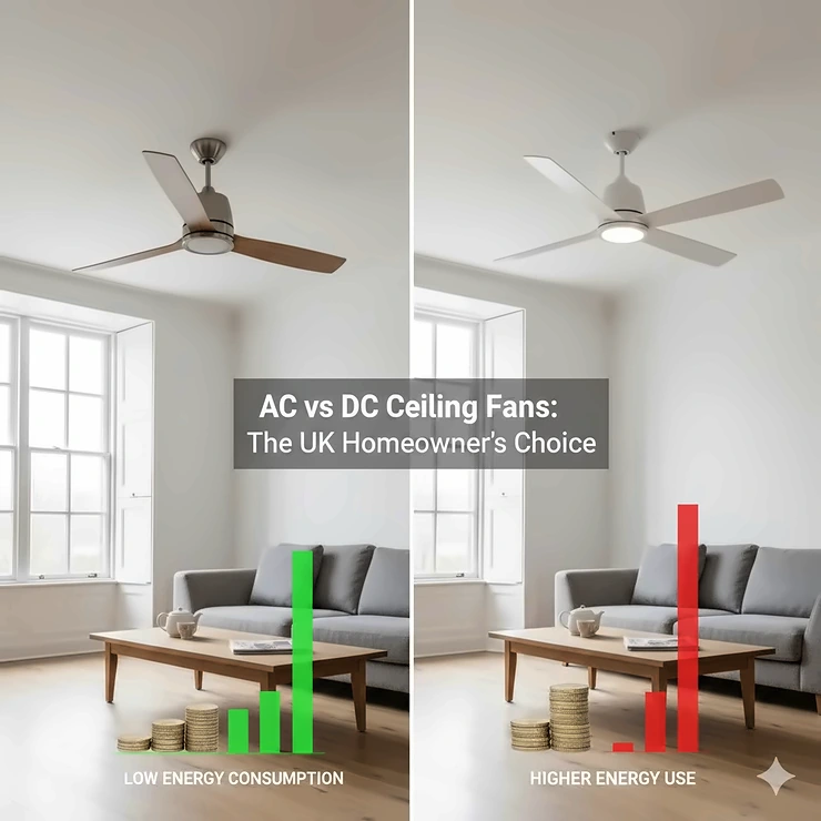A side-by-side comparison of two modern ceiling fans in a British lounge, highlighting the key differences between AC and DC motor types for UK homeowners. AC vs DC ceiling fan which is better