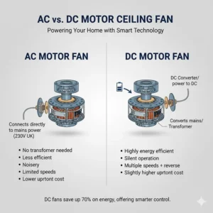 Technical drawing comparing the internal components and energy consumption of AC and DC fan motors.