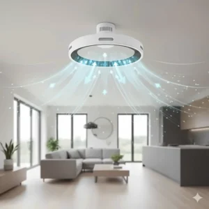 Technical illustration showing the smooth, aerodynamic airflow and air multiplier effect from a modern bladeless ceiling fan.