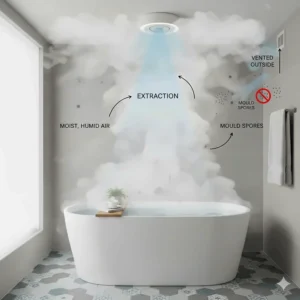 Illustration showing an extractor fan with light removing steam from a damp bathroom to prevent mould.