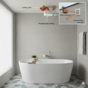 Illustration of the flexible ducting connecting a ceiling fan to an external wall vent for proper airflow.