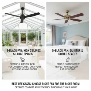 Icons recommending a 5-blade fan for a quiet bedroom and a 3-blade fan for a high-ceiling conservatory.