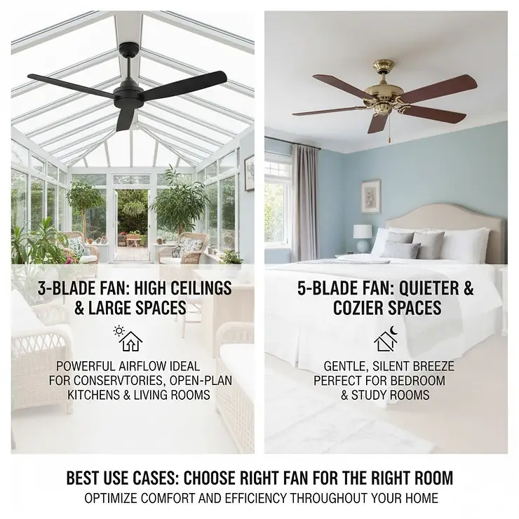 Icons recommending a 5-blade fan for a quiet bedroom and a 3-blade fan for a high-ceiling conservatory. 3 blade vs 5 blade ceiling fan