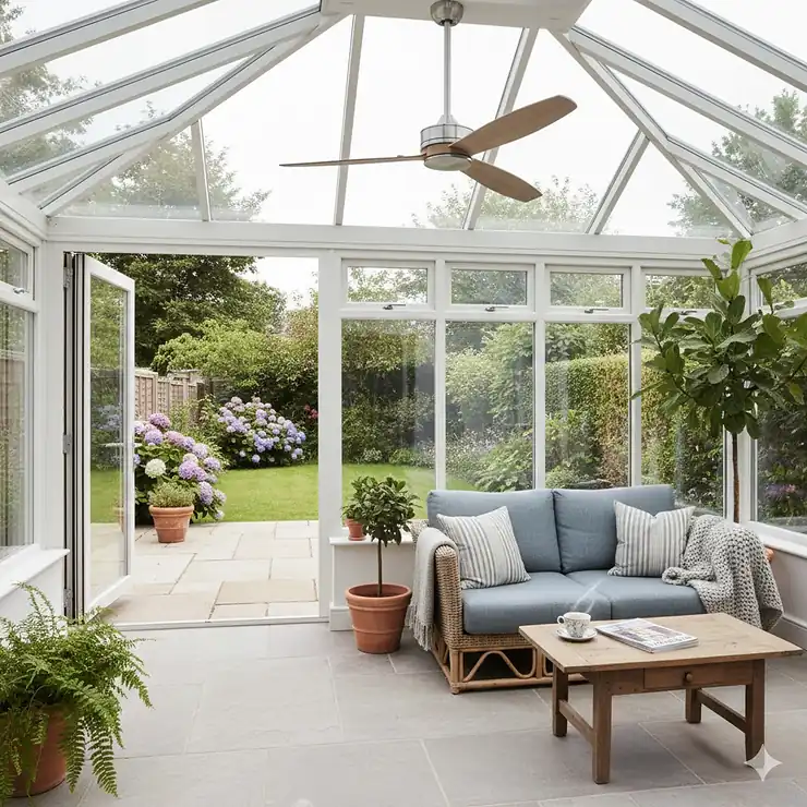 A stylish, outdoor-rated ceiling fan installed in a modern British glass-roofed conservatory with garden views. conservatory ceiling fan outdoor rated