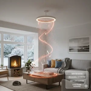 Illustration of a bladeless fan in winter mode circulating warm air from a fireplace throughout a British living room.