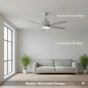 A brushed chrome quiet ceiling fan installed against a minimalist white ceiling in a modern UK flat.
