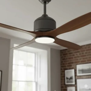 Close-up of a brushed chrome smart ceiling fan Alexa compatible, highlighting the sleek design and integrated LED light.