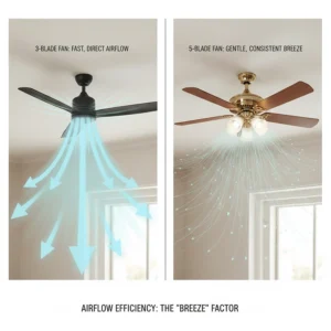 Diagram showing the high-speed airflow of a 3-blade fan compared to the consistent, gentle breeze of a 5-blade fan.